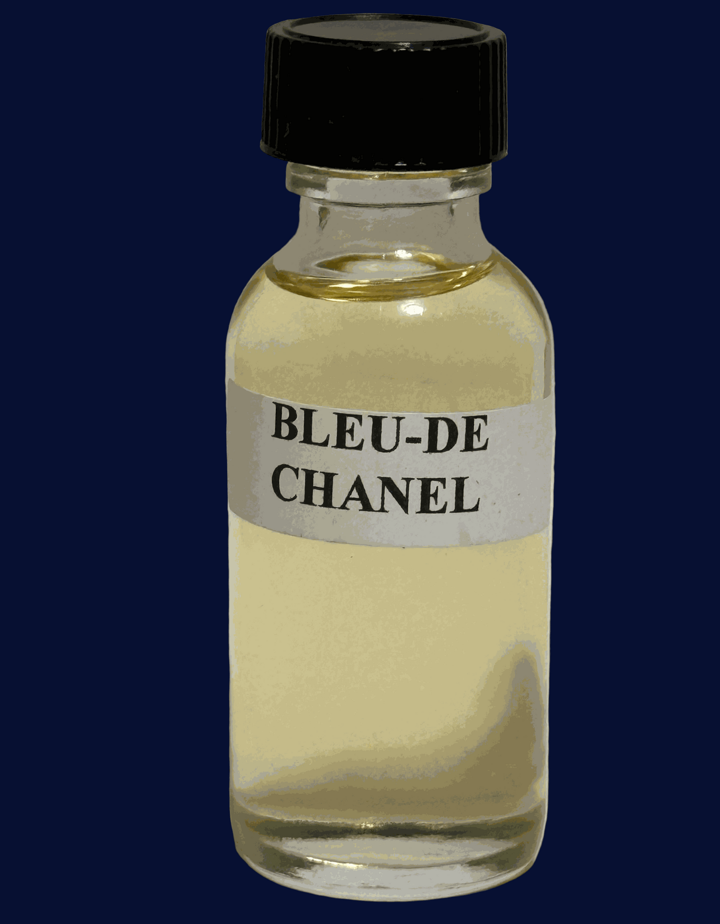 Interpretation Perfume Oil Bleu De Chanel with citrus, cedar wood, and amber fragrance in a small clear bottle