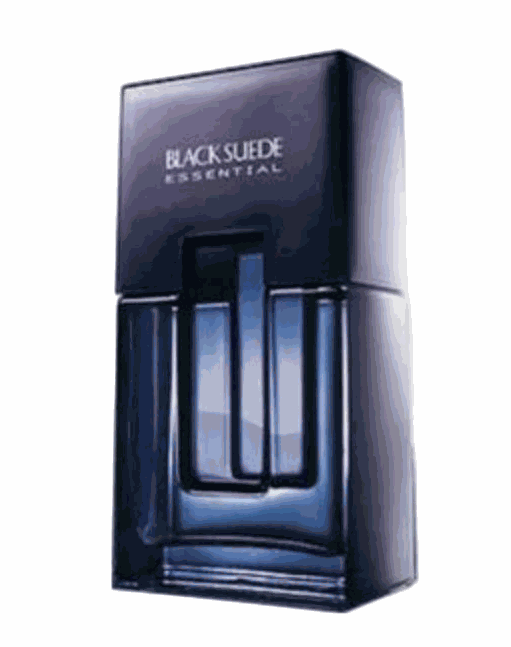 Black Suede Essentials men's cologne bottle with fresh mandarin and lavender notes in dark blue packaging