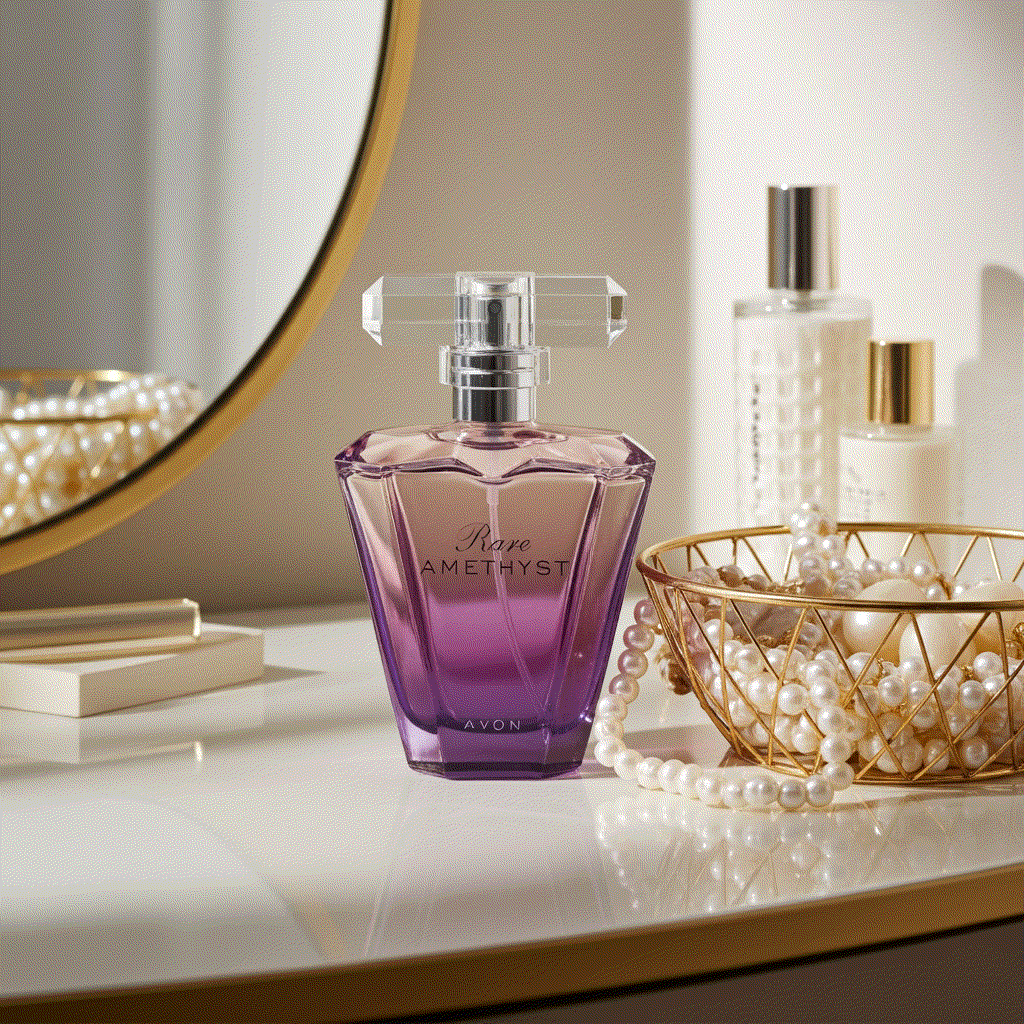 Classic Rare Amethyst Eau De Parfum bottle with purple gradient and elegant vanity setting