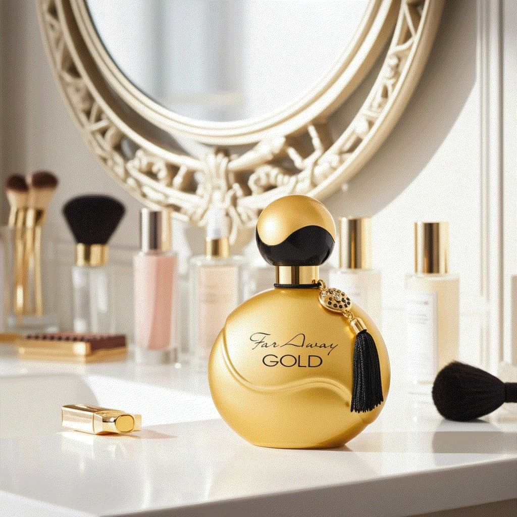 Far Away Gold Eau De Perfume bottle on vanity with mirror and makeup brushes, 1.7 fl oz oriental floral fragrance for women