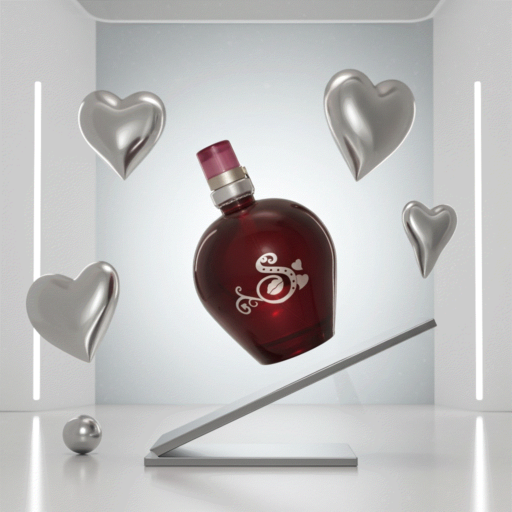 Secrets to Keep Kiss eau de toilette spray in heart-shaped wine red bottle with silver accents and floating silver hearts
