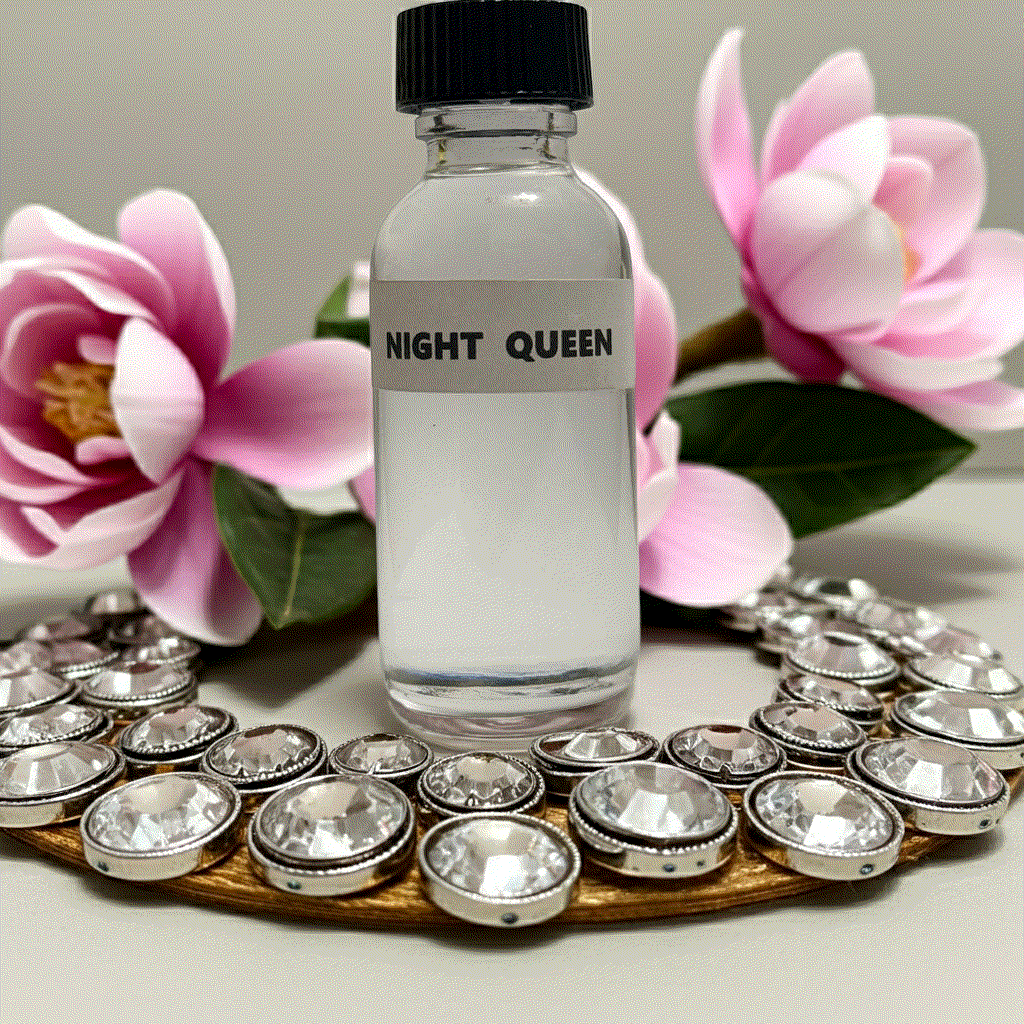 Night Queen perfume oil bottle with decorative crystals and pink flowers background