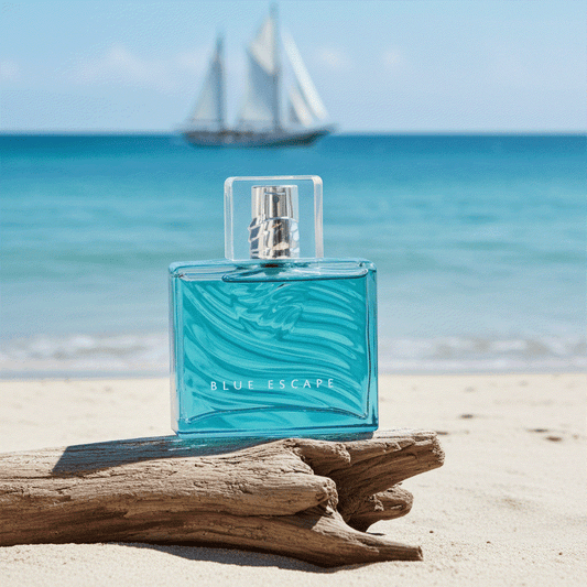 Blue Escape For Him cologne bottle on beach with ocean background and sailboat in distance