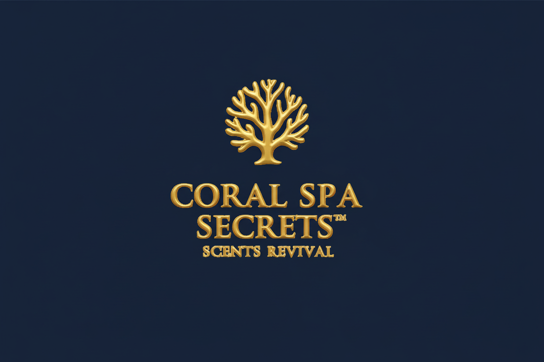 Golden coral tree logo with Coral Spa Secrets trademark and Scents Revival tagline on navy blue background