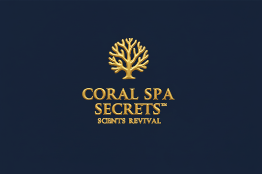 Golden coral tree logo with Coral Spa Secrets trademark and Scents Revival tagline on navy blue background