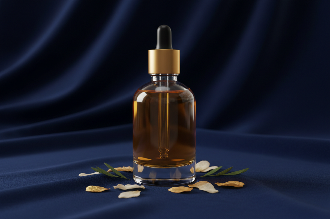 Luxury perfume oil bottles arranged for layering scents on elegant navy background - Coral Spa Store fragrance guide