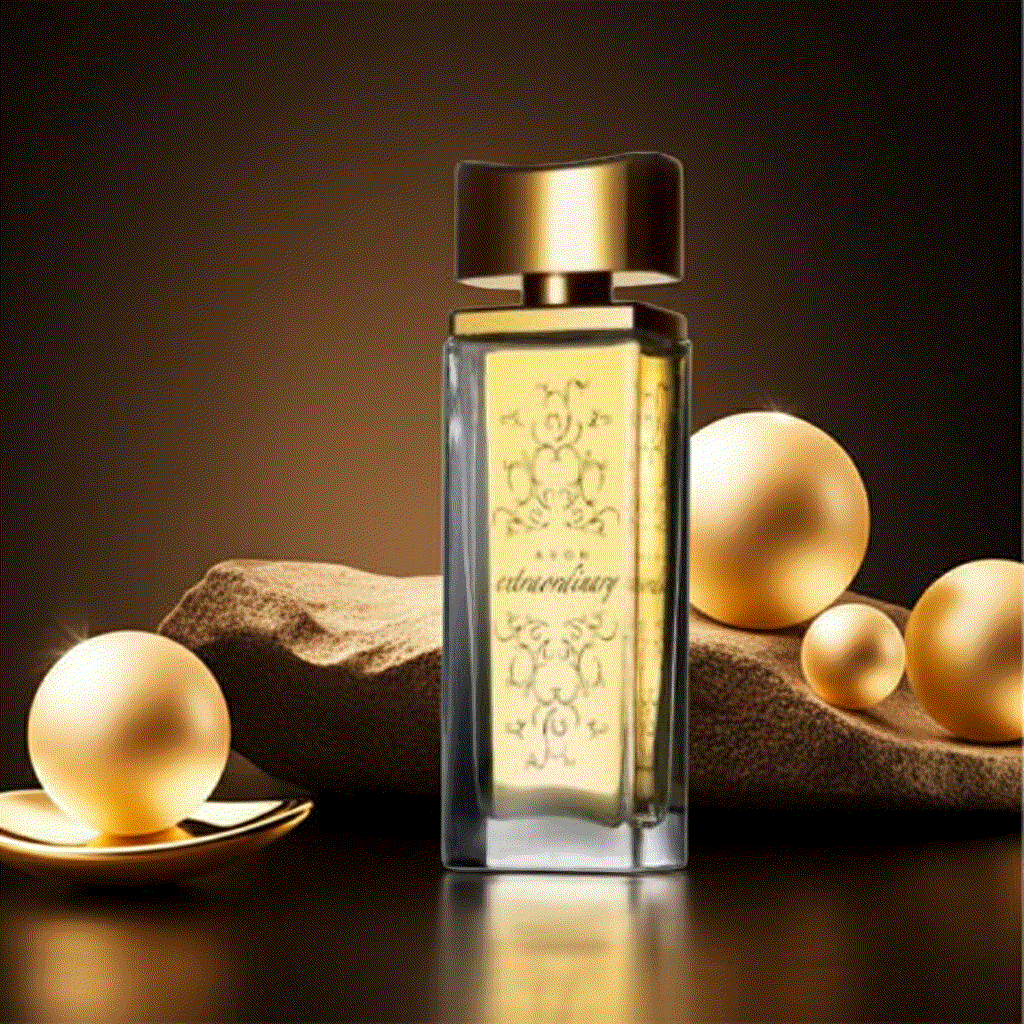 Extraordinary Eau De Perfume bottle with golden cap and decorative design against a warm brown background