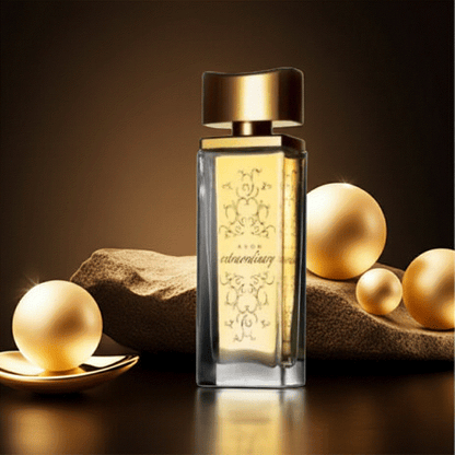 Extraordinary Eau De Perfume bottle with golden cap and decorative design against a warm brown background