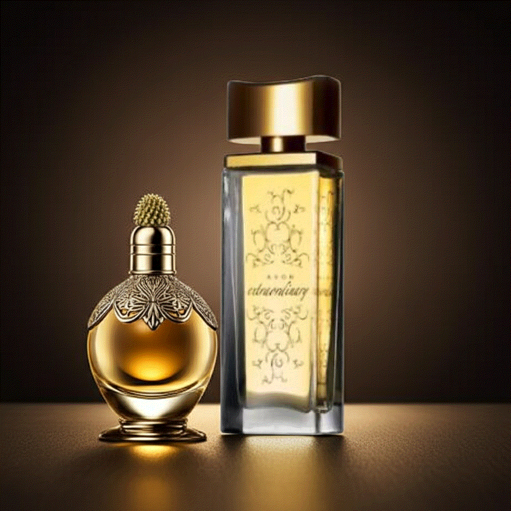 Extraordinary Eau De Perfume bottle with golden floral design and elegant cap on dark background