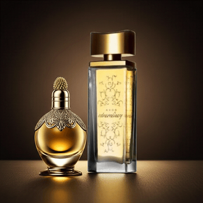 Extraordinary Eau De Perfume bottle with golden floral design and elegant cap on dark background