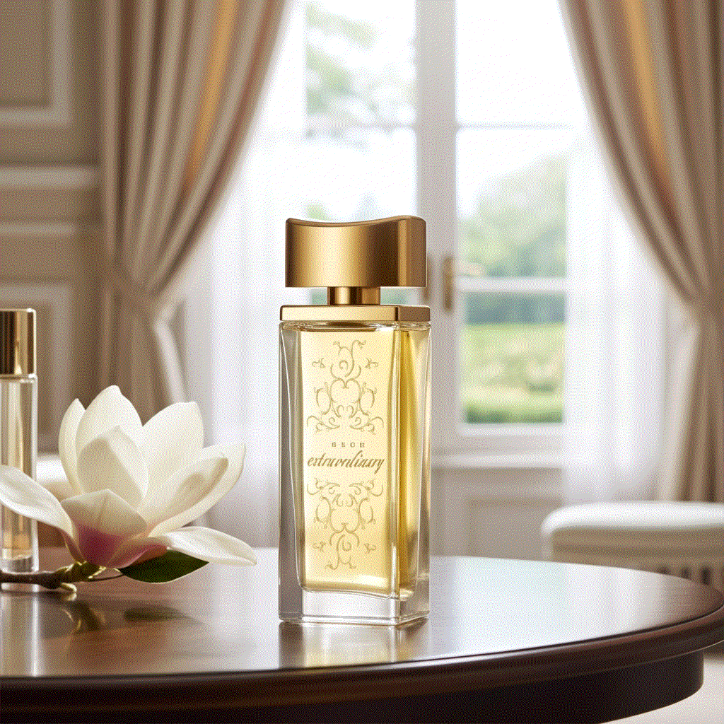 Extraordinary Eau De Perfume bottle on wooden table with flower and blurred window background, elegant and refined fragrance for women