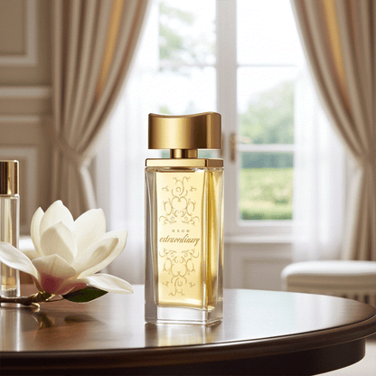 Extraordinary Eau De Perfume bottle on wooden table with flower and blurred window background, elegant and refined fragrance for women