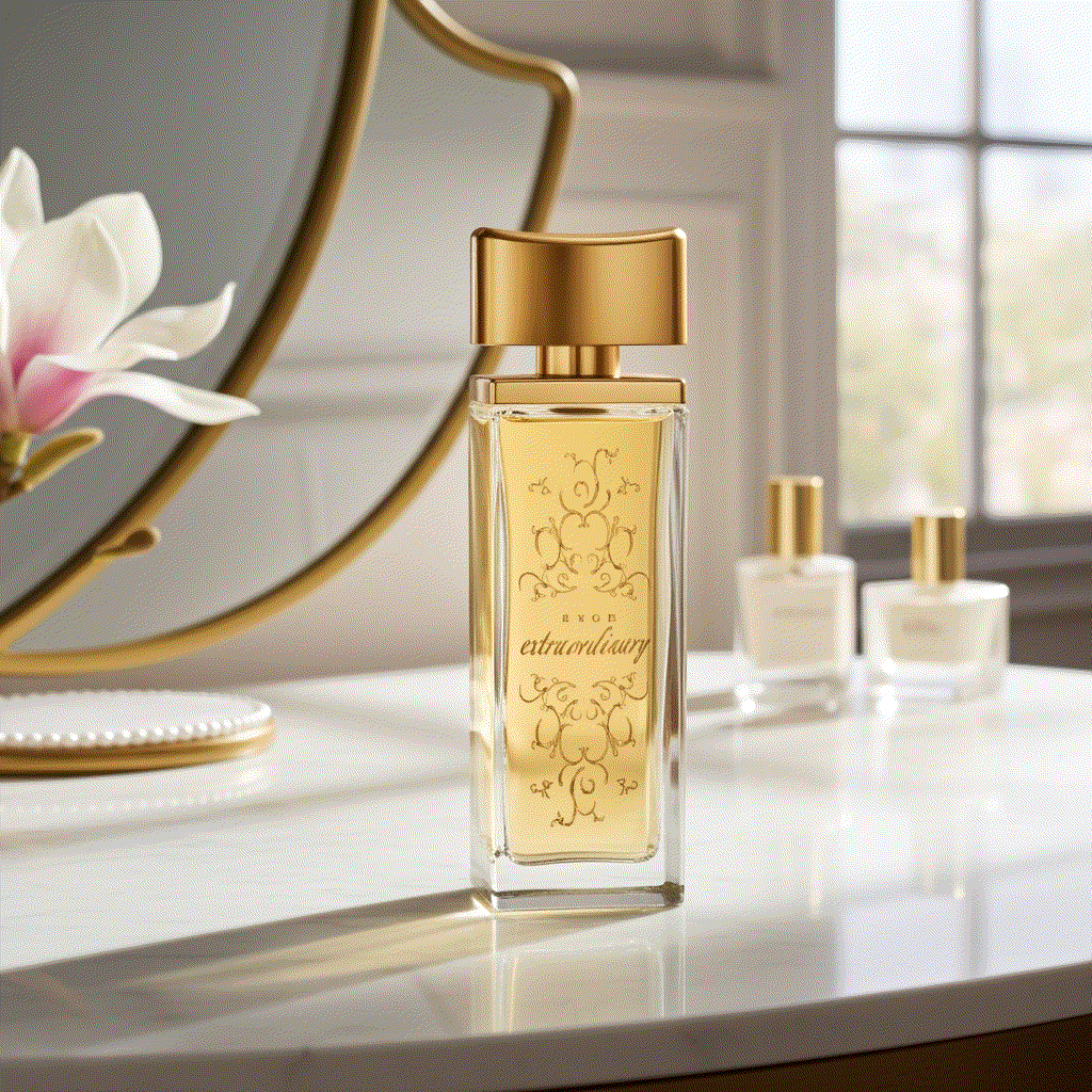 Extraordinary Eau De Perfume bottle with gold cap on vanity table by mirror and flower
