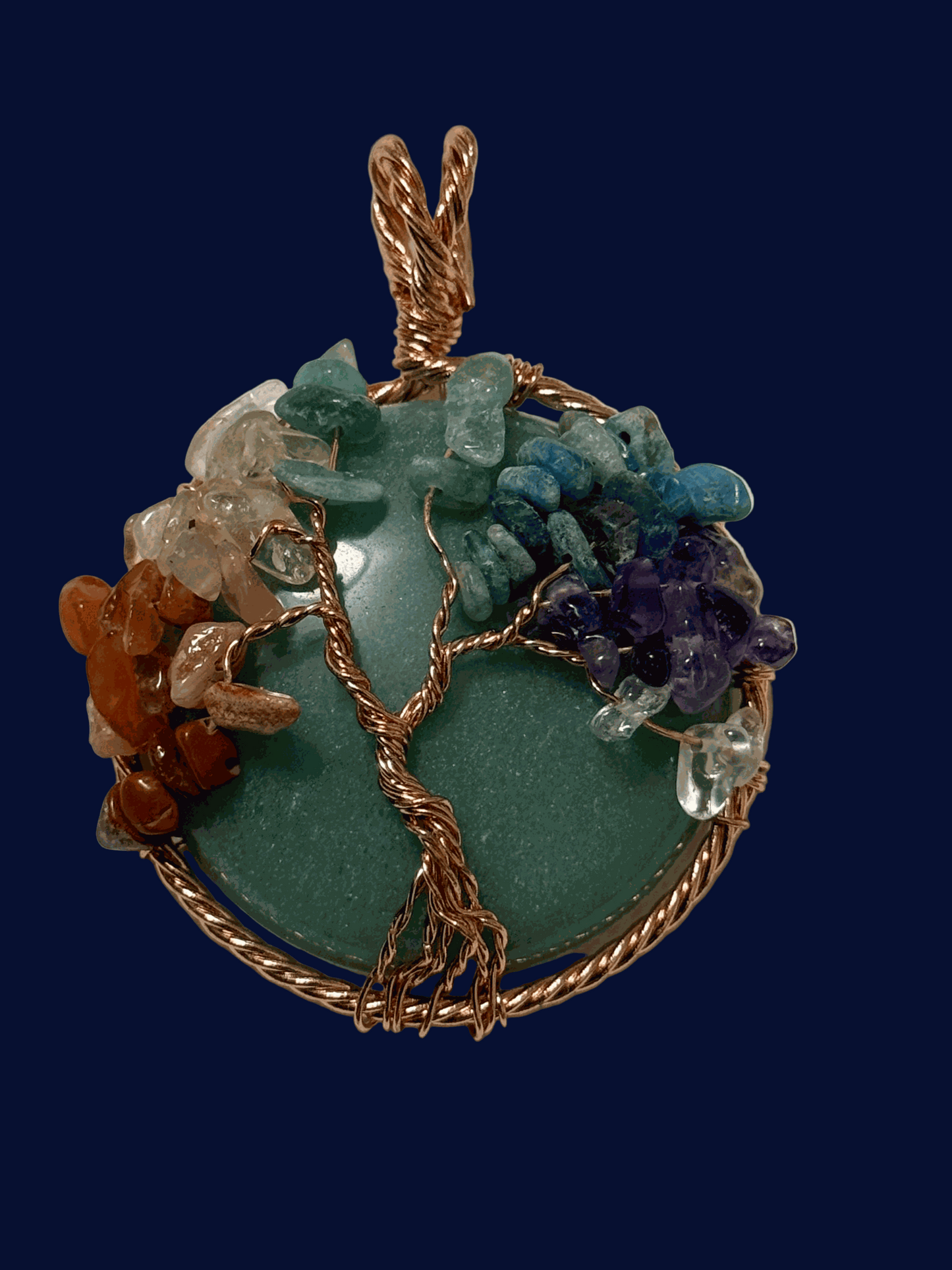 7 Chakra Tree of Life pendant with green aventurine and copper wire wrapping with chakra crystal chips