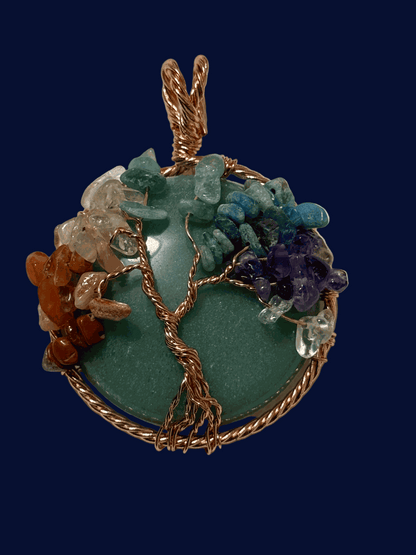 7 Chakra Tree of Life pendant with green aventurine and copper wire wrapping with chakra crystal chips