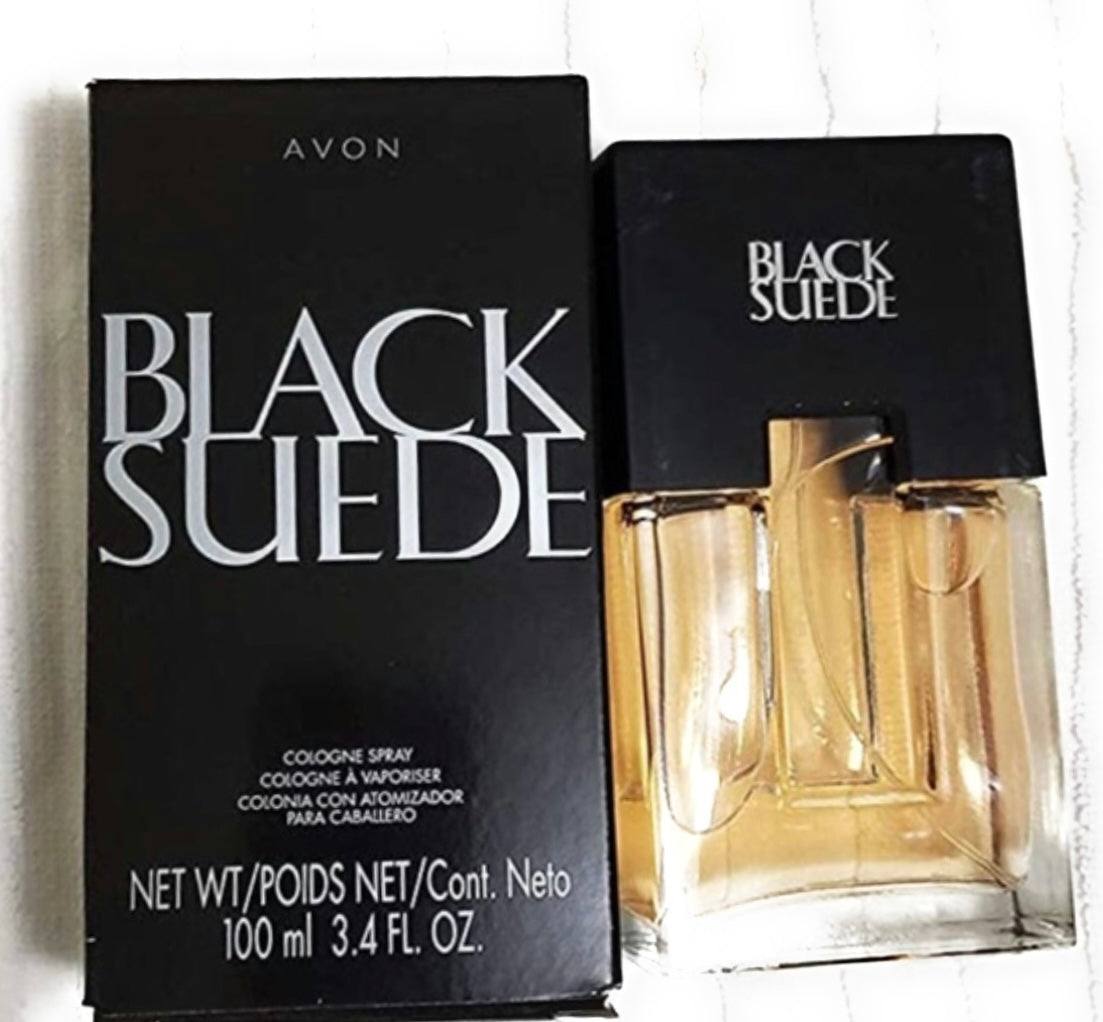 Black Suede Men eau de cologne spray 3.4 fl oz with black box and amber liquid bottle