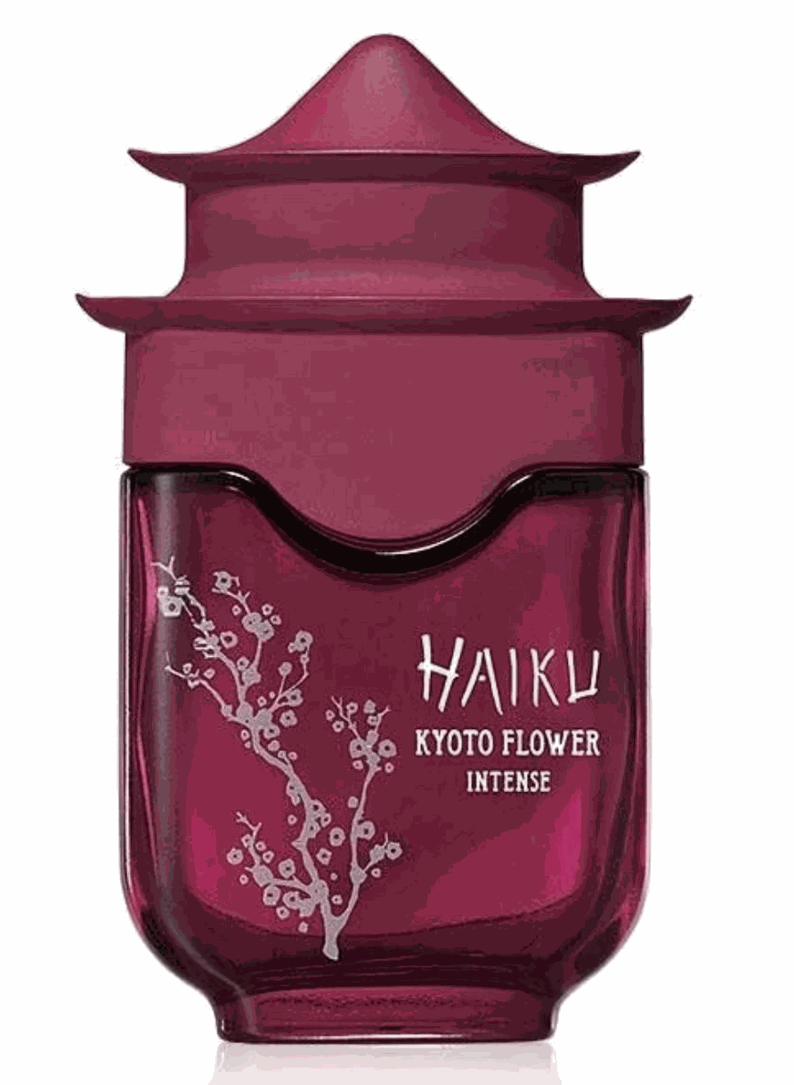Haiku Kyoto Flower Intense Eau De Perfume in plum bottle with floral design and Japanese architecture-inspired cap