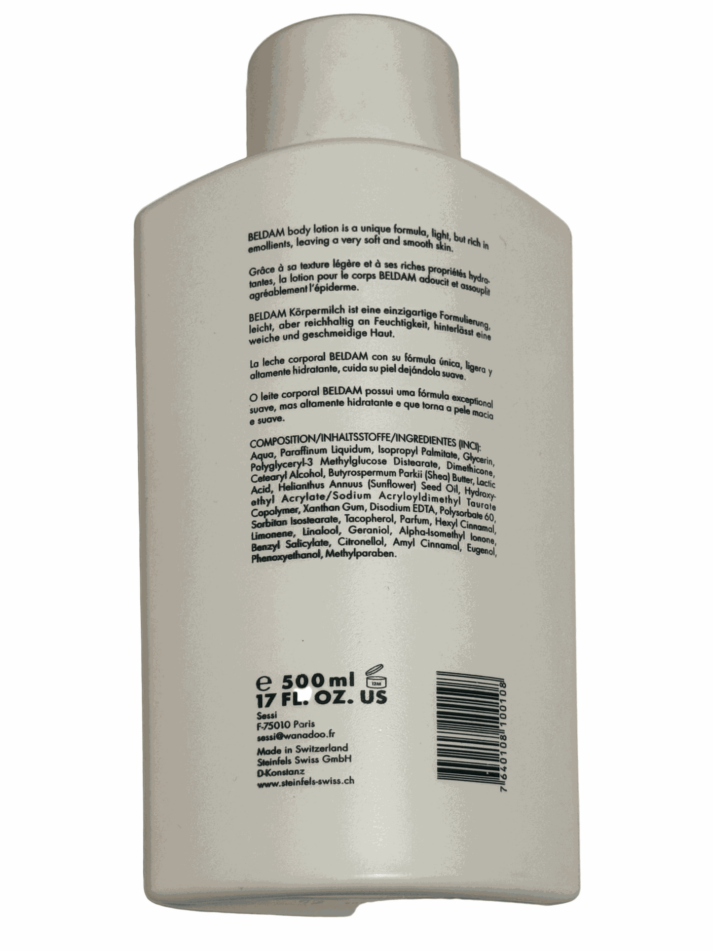 Back view of Beldam Body Lotion 17 fl oz bottle made in Switzerland with ingredients and product information label