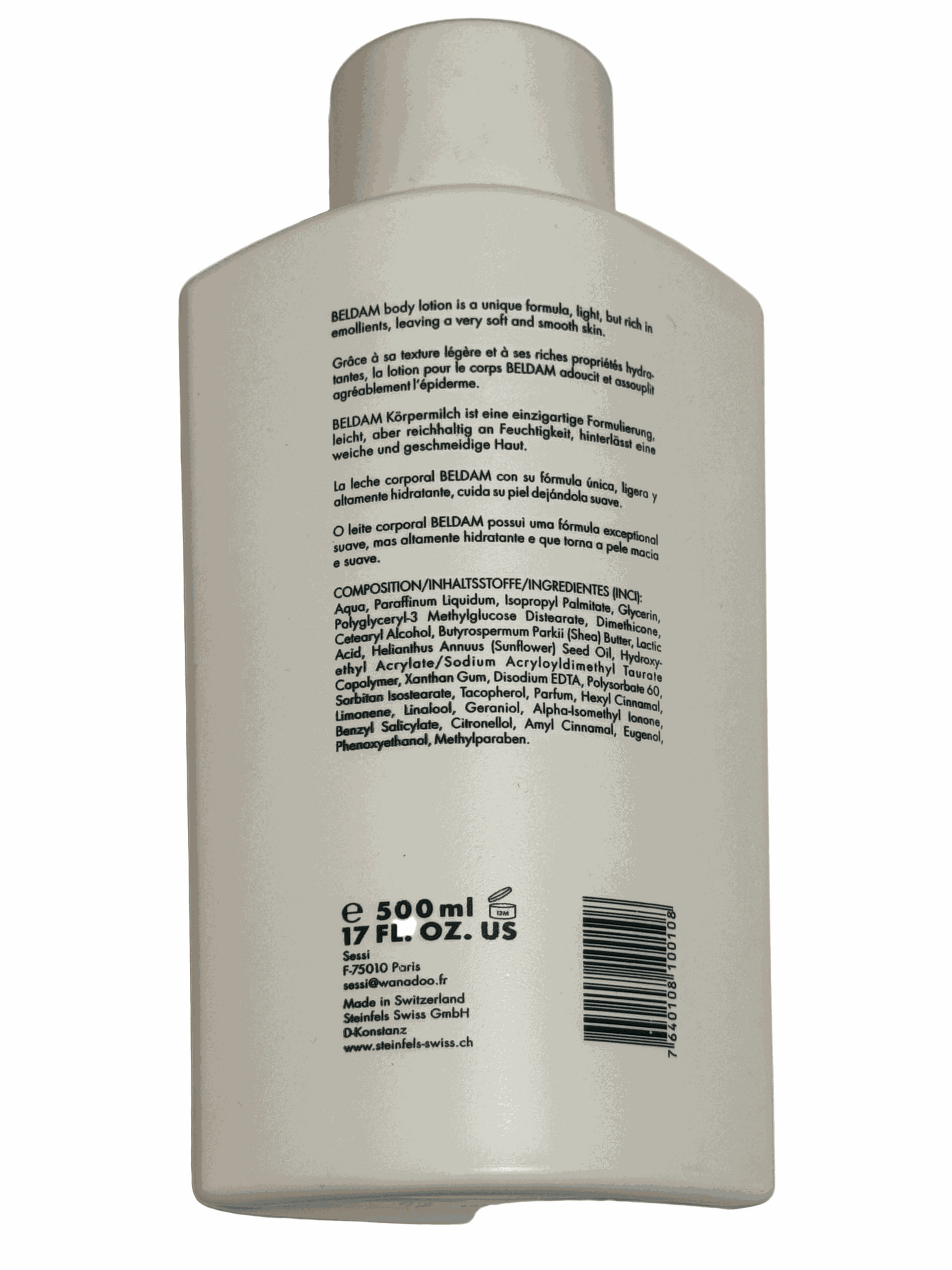 Back view of Beldam Body Lotion 17 fl oz bottle made in Switzerland with ingredients and product information label