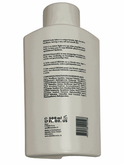 Back view of Beldam Body Lotion 17 fl oz bottle made in Switzerland with ingredients and product information label
