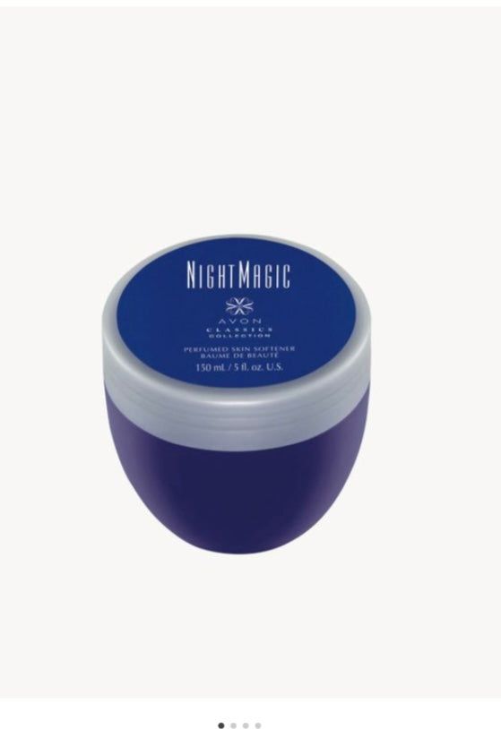 Night Magic Perfumed skin softener in a blue jar, moisturizing cream for smooth, subtle skin glow
