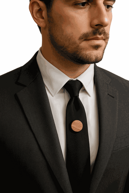 Mahogany Heritage Accent Pin on black tie worn with suit jacket