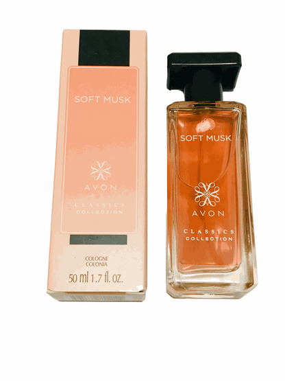 Classic Soft Musk cologne spray 1.7 fl oz with soft, powdery, floral and warm musk scent in amber bottle and peach box