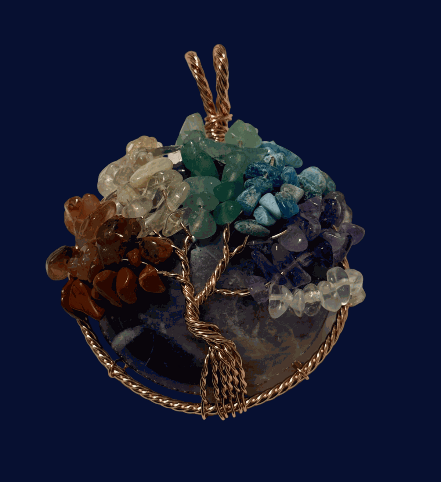 7 Chakra Tree of Life pendant with green aventurine and copper wire on natural gemstone base