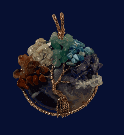 7 Chakra Tree of Life pendant with green aventurine and copper wire on natural gemstone base