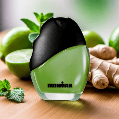 Ironman Eau De Toilette men's cologne spray bottle with fresh citrus and green mint background
