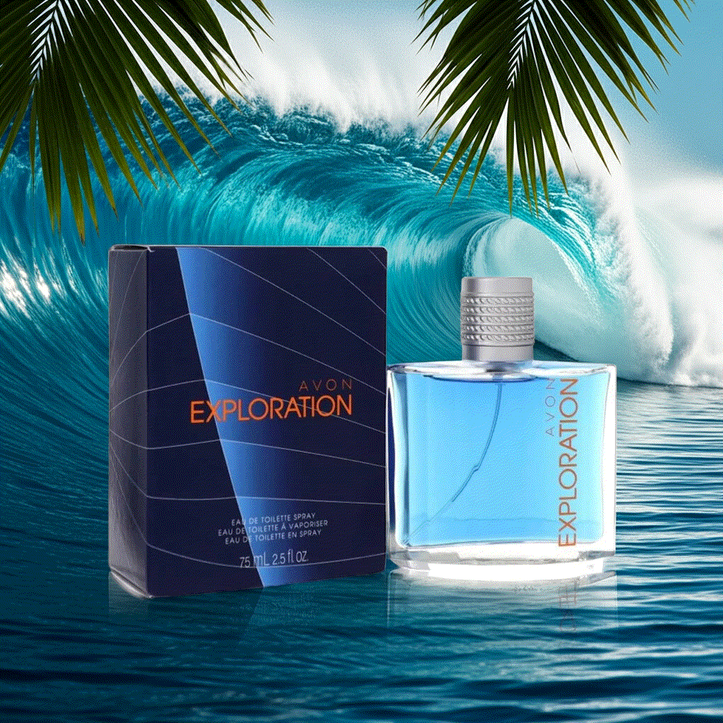 Avon Exploration Eau De Toilette cologne spray bottle and box with ocean wave background