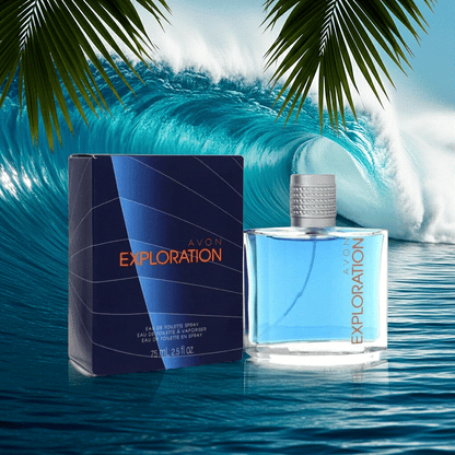 Avon Exploration Eau De Toilette cologne spray bottle and box with ocean wave background