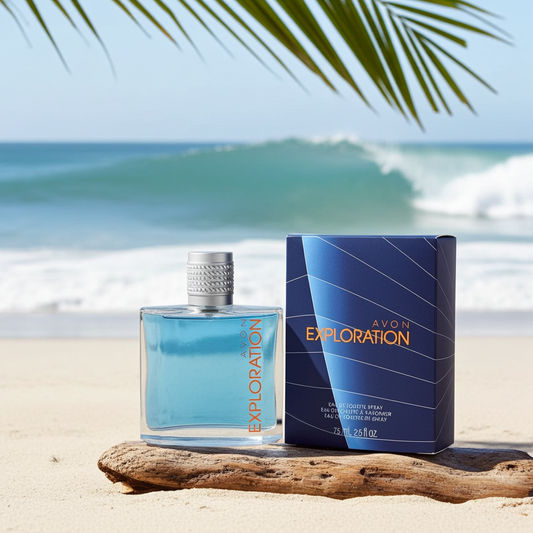 Avon Exploration Eau De Toilette cologne spray bottle and box on beach with ocean background