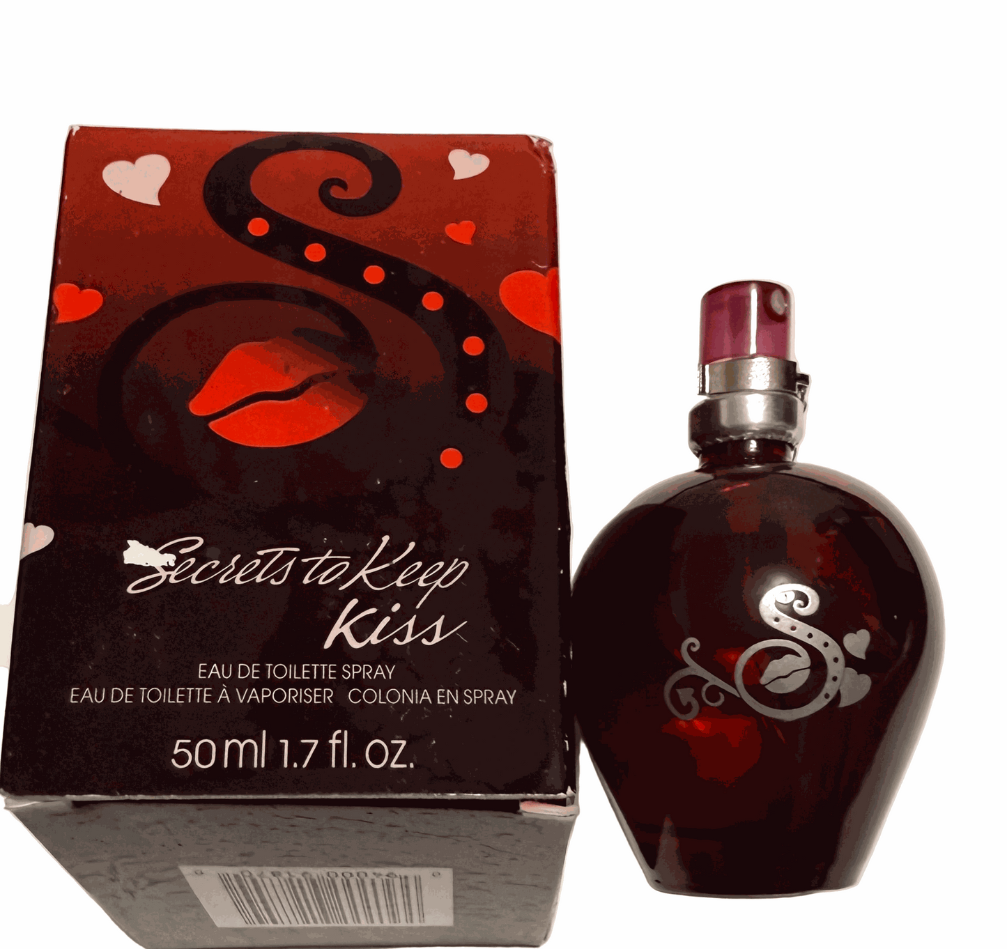 Secrets to Keep Kiss eau de toilette spray 1.7 fl oz in a heart-shaped deep red bottle with silver script S and matching red and black box with hearts and lips design