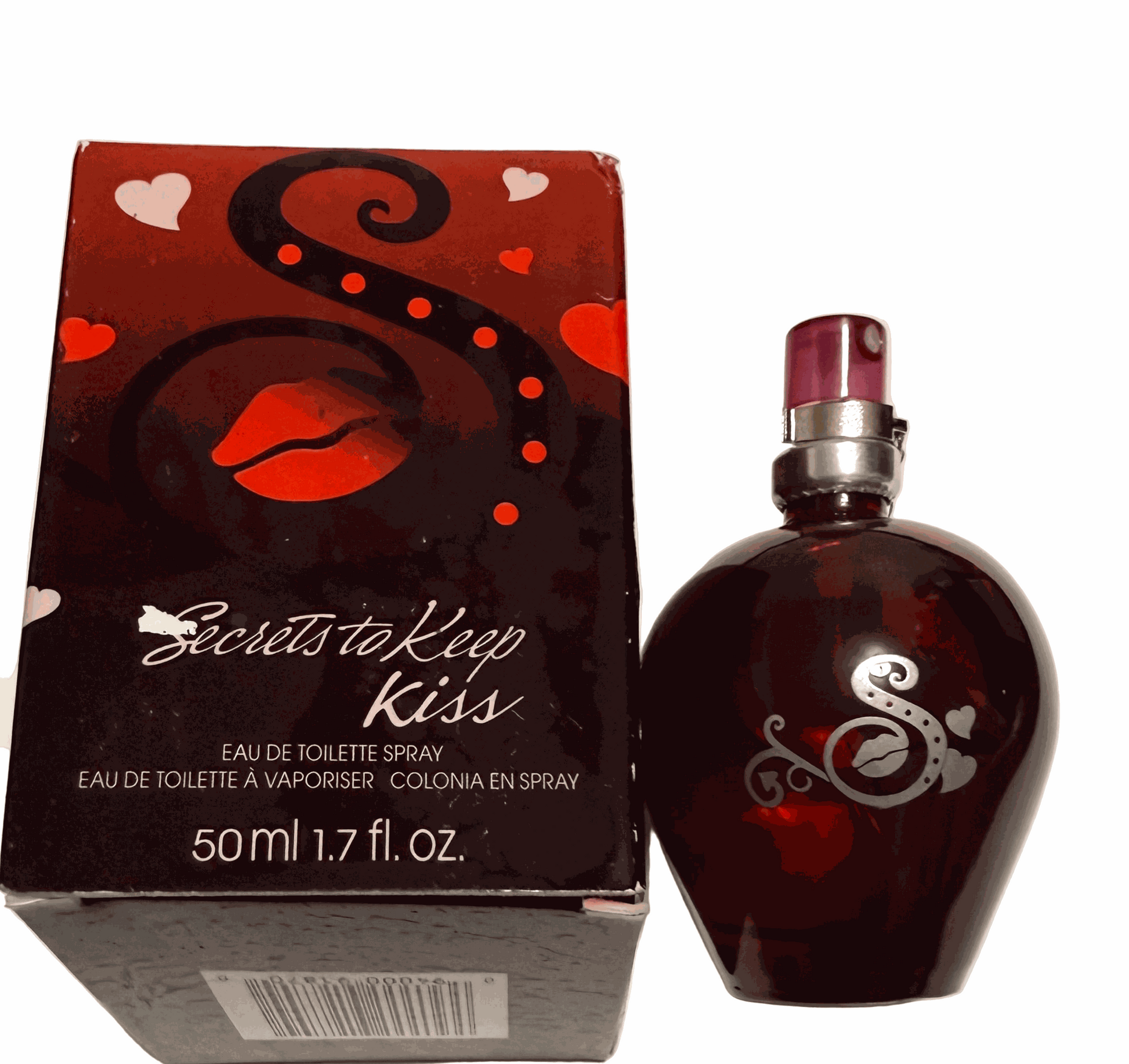Secrets to Keep Kiss eau de toilette cologne spray 1.7 fl oz in heart-shaped wine-red bottle with silver "S" and heart accents next to matching romantic box with red lips and hearts design