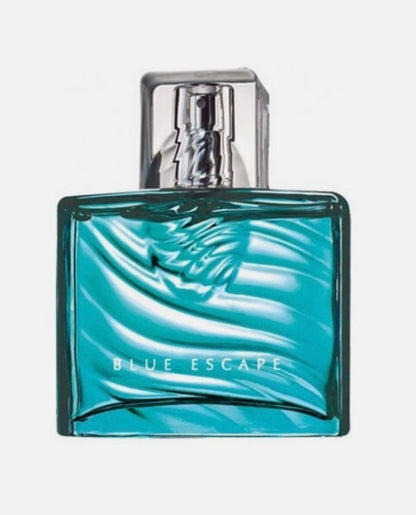 Blue Escape For Him Eau De Toilette cologne bottle with ocean blue design and silver cap