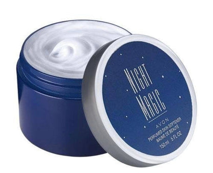 Night Magic Perfumed Skin Softener in blue jar with white cream inside for smooth, subtle, captivating skin moisture