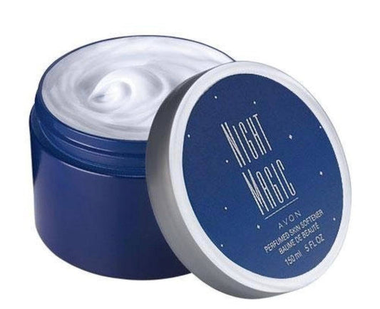 Night Magic Perfumed Skin Softener in blue jar with white cream inside for smooth, subtle, captivating skin moisture