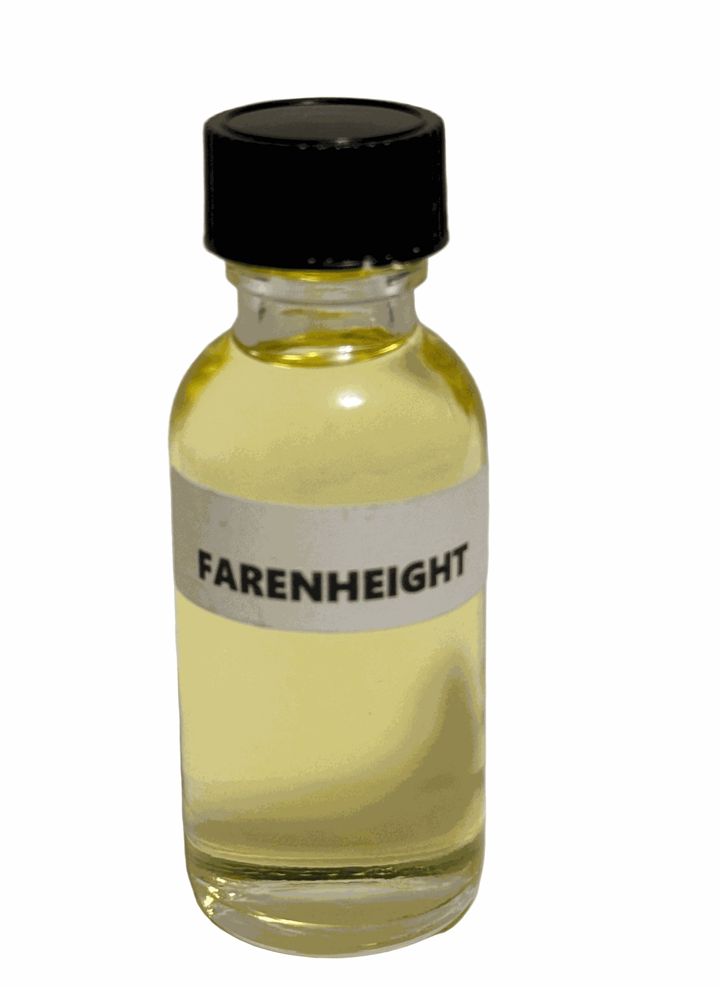 small glass bottle of warm amber Fahrenheit perfume oil with black cap
