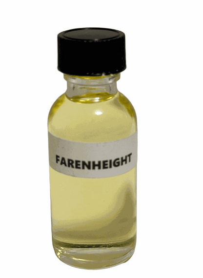 small glass bottle of warm amber Fahrenheit perfume oil with black cap