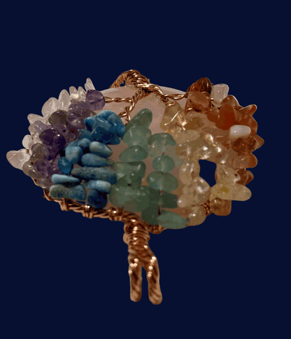 7 Chakra Tree Of Life pendant with green aventurine and colorful chakra crystal chips on copper wire