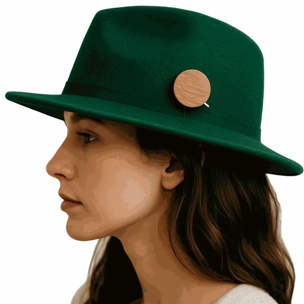 Woman wearing green hat with round wooden Mahogany Heritage Accent Pin attached