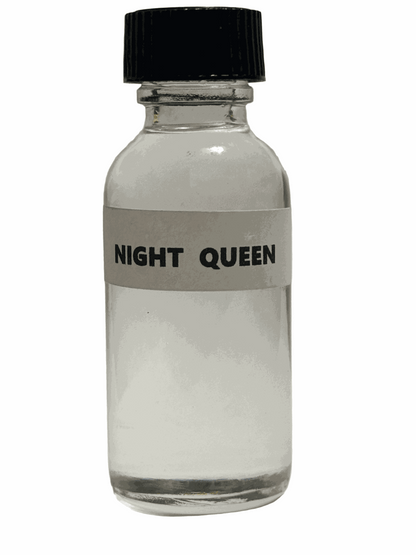 Night Queen perfume oil bottle with black cap and simple label