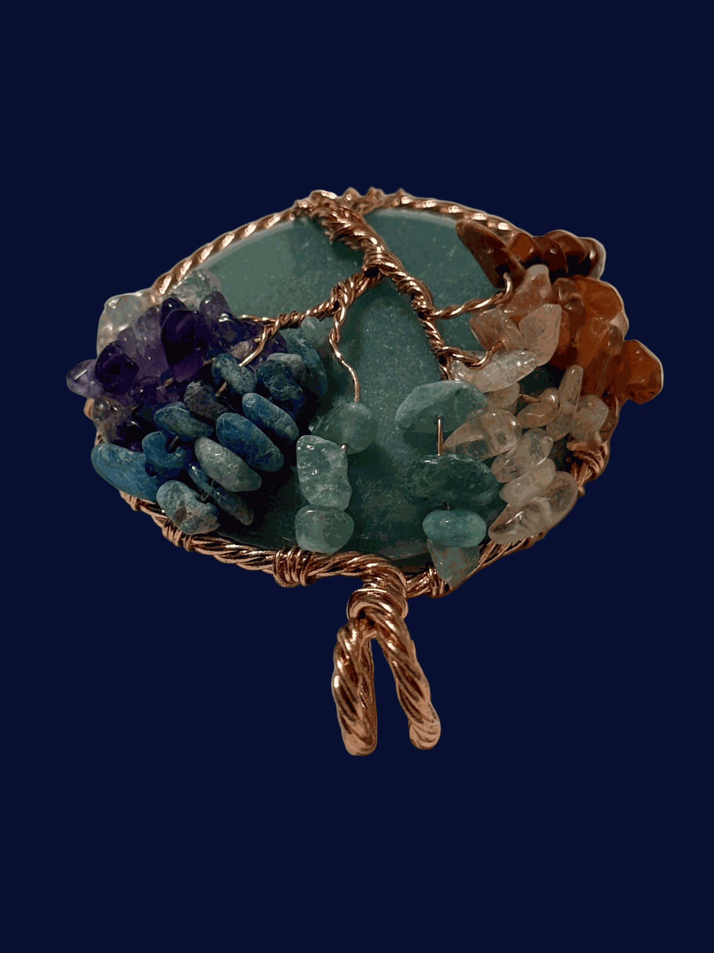 7 Chakra Tree Of Life pendant with green aventurine and copper wire wrapping on gemstone base