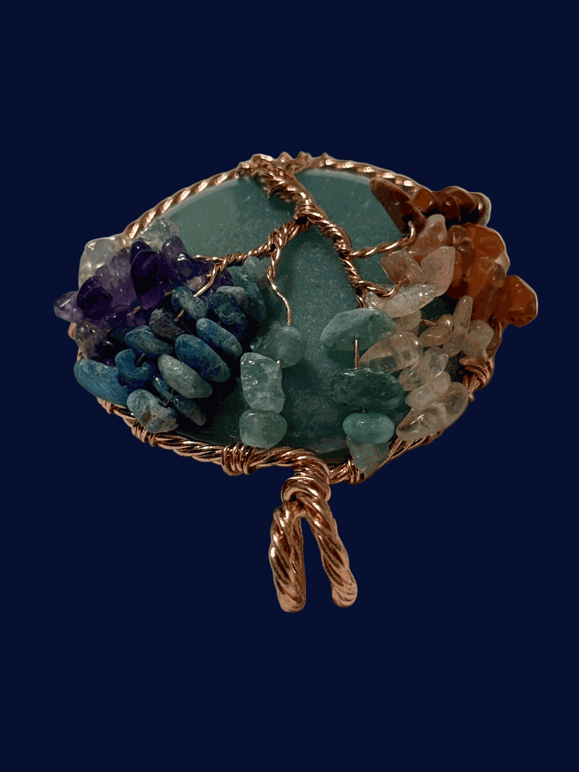 7 Chakra Tree Of Life pendant with green aventurine and copper wire wrapping on gemstone base