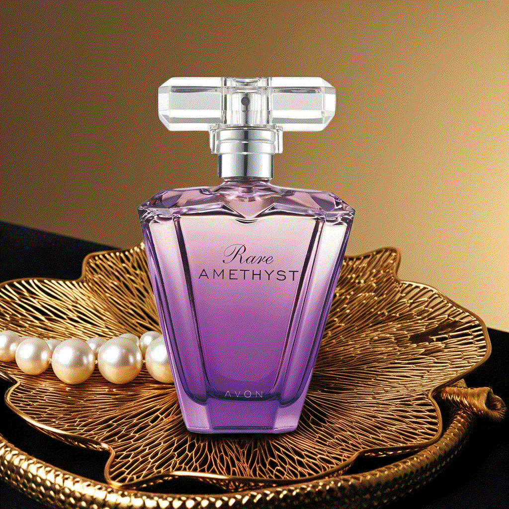 Classic Rare Amethyst Eau De Parfum bottle with violet and sandalwood notes on decorative gold tray with pearls