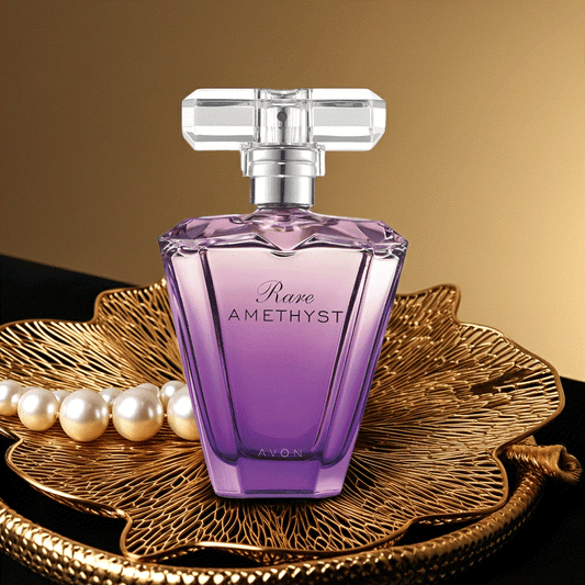 Classic Rare Amethyst Eau De Parfum bottle with violet and sandalwood notes on decorative gold tray with pearls