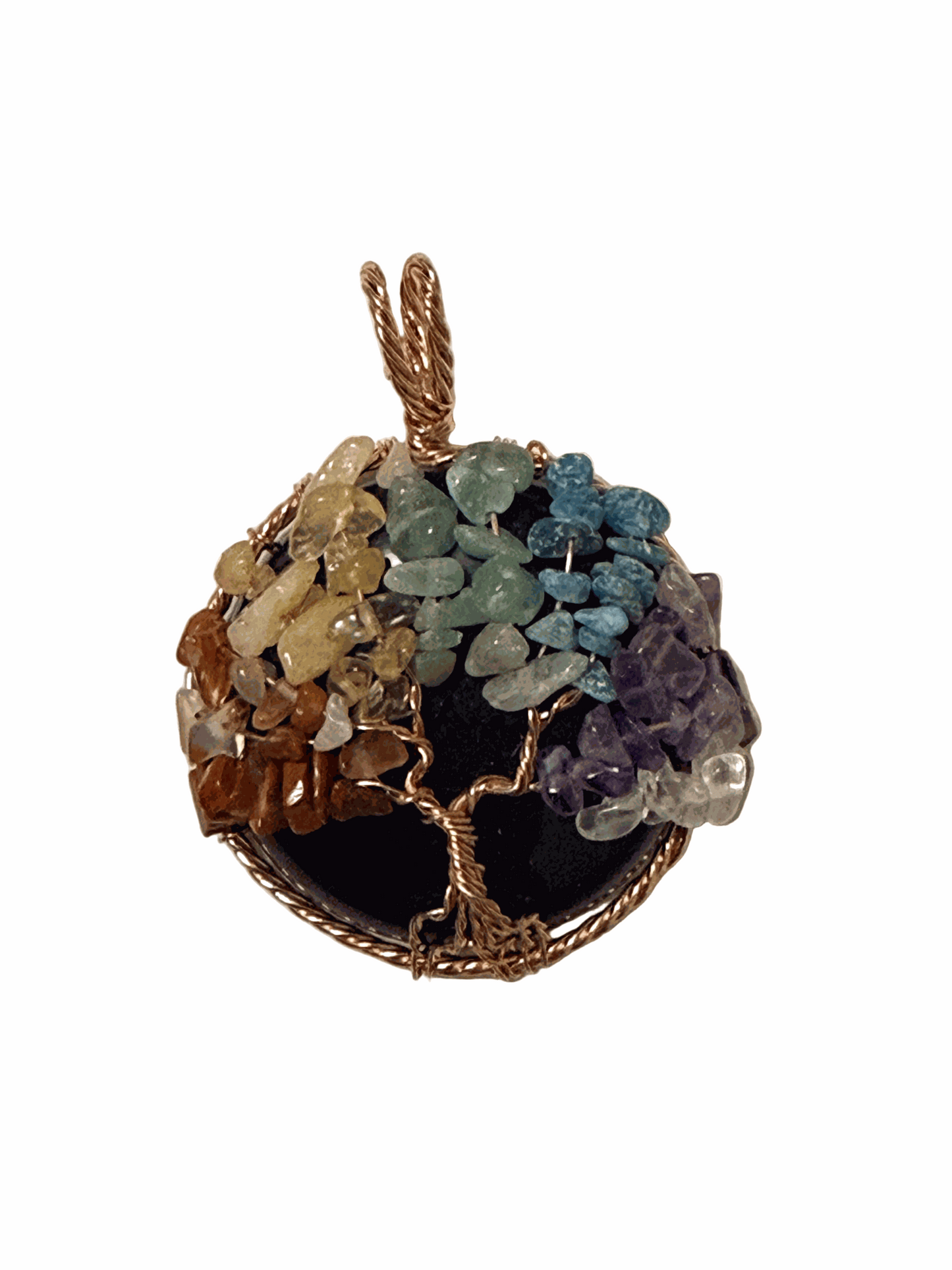 7 Chakra Tree of Life pendant with green aventurine and copper wire wrapping on natural gemstone base