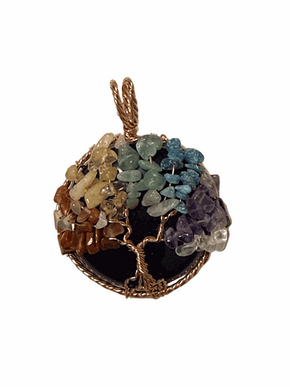 7 Chakra Tree of Life pendant with green aventurine and copper wire wrapping on natural gemstone base