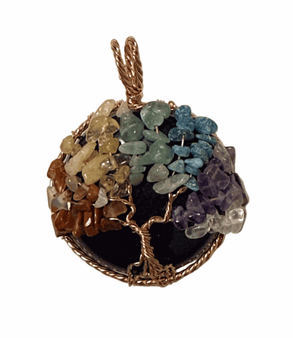 7 Chakra Tree Of Life pendant with green aventurine and copper wire on black cord
